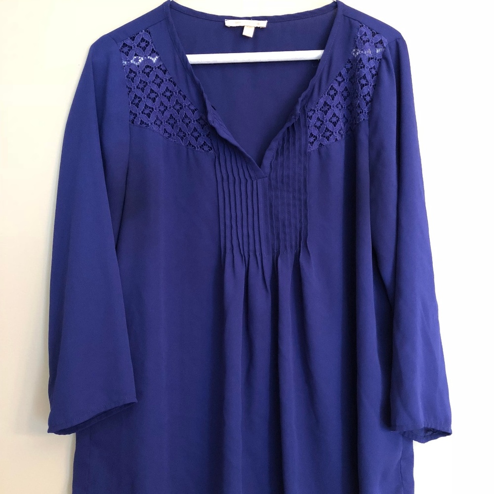Blue Rouched and Lace Blouse
